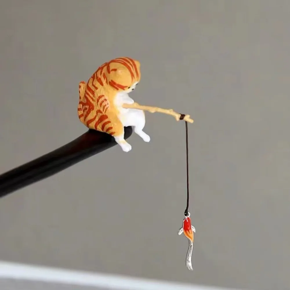

Retro Cat Fishing Wooden Hair Stick Black Sandalwood Chinese Style Hair Fork Hanfu Accessories Tassel Hair Bun Women Girls