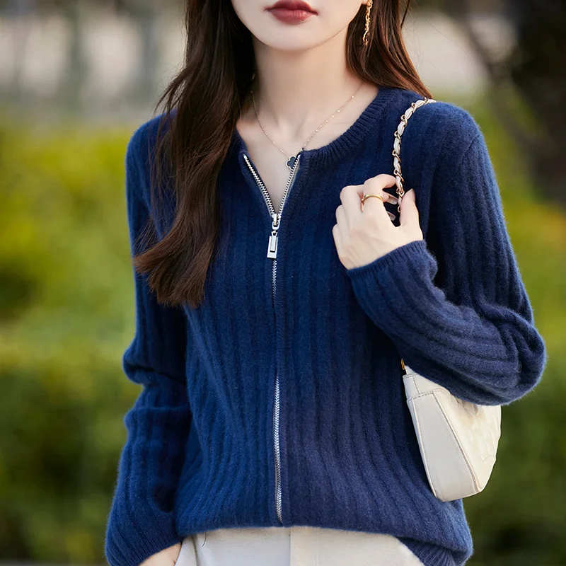 Autumn/Winter New 100% Wool Cardigan Women's Casual Knitted Tops Combined Round Neck Blouse Women's Zipper Coat Simple/Fashion