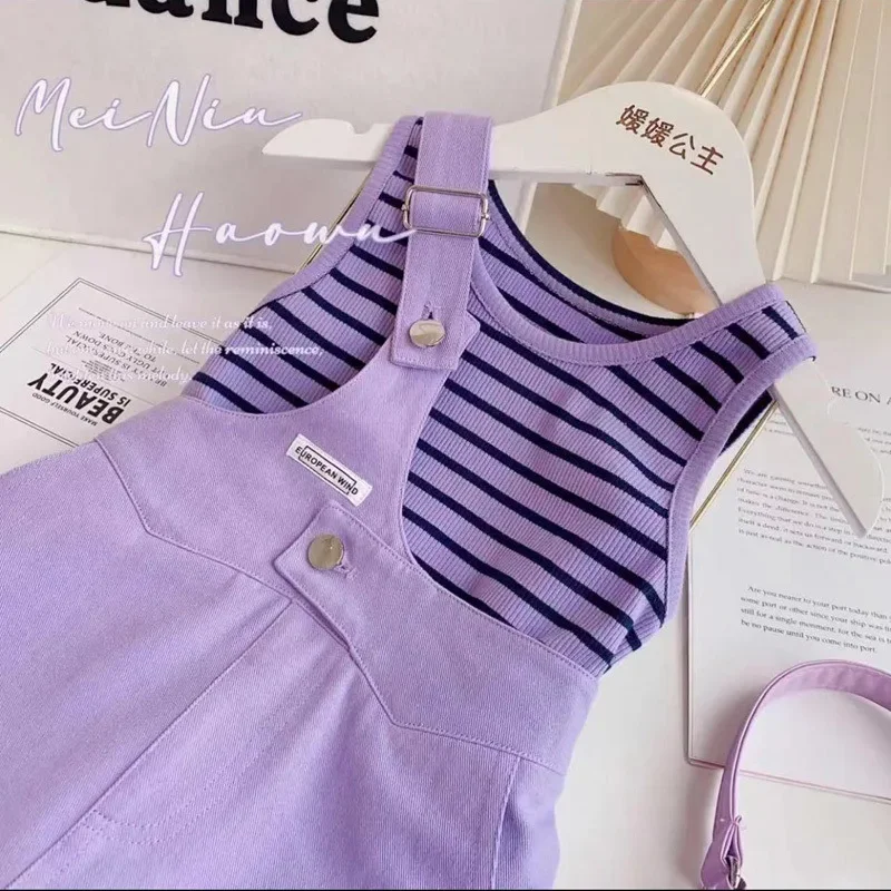 Summer Girls Suit Girls Korean Style Sets Fashion New Striped T-shirt Tops + Suspend Pants 2pcs Fashion Girls Clothing Sets 2-7Y