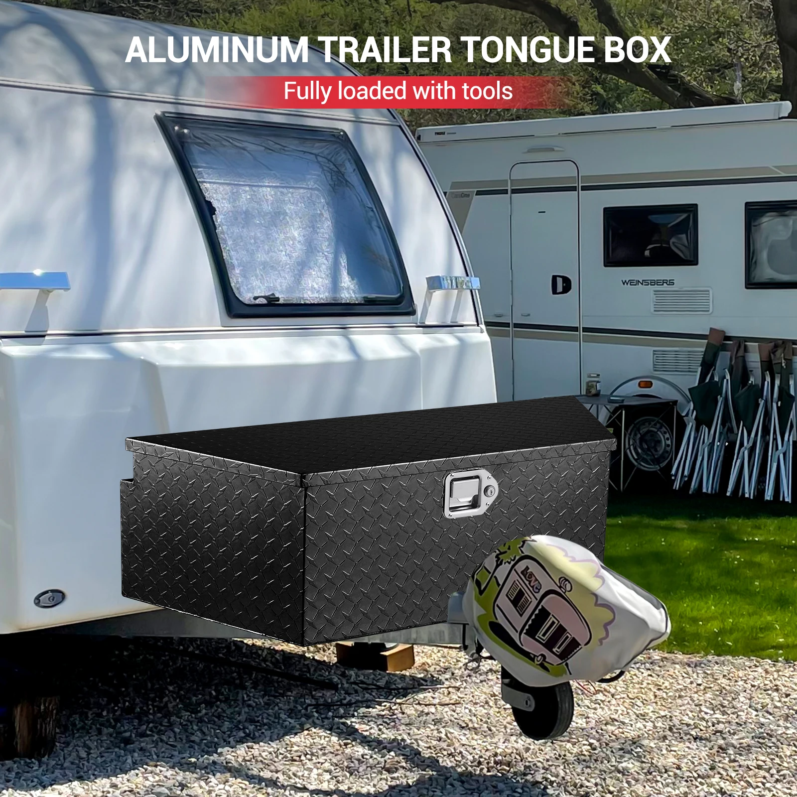 Waterproof Lockable Trailer Tongue Tool Box, Heavy-Duty Aluminum Diamond Plate Underbed/Truck Bed Storage Chest - Lock & Keys, Weather-Resistant for Pickup, RV & Utility Trailers - 33/39 in
