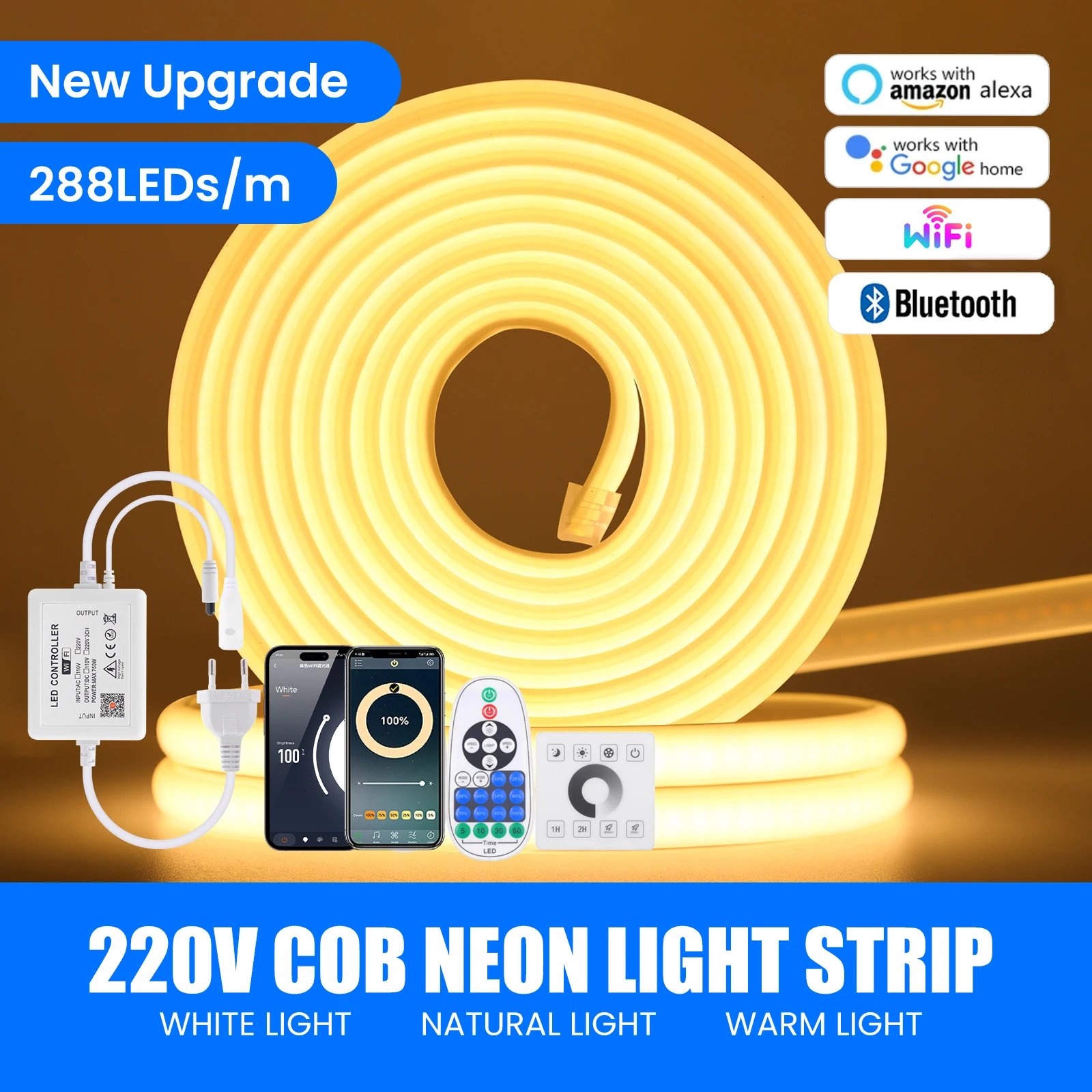 

220V COB led strip Tuya Wifi Bluetooth Touch Remote Control 288LEDs/m Waterproof Outdoor Neon Strip 0.5m 5m 10m 15m 20m COB Tape