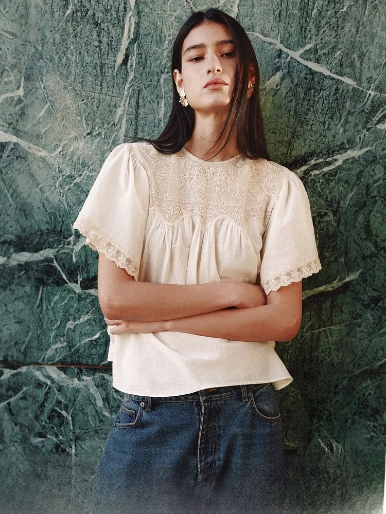 

H&M Summer New Women's Cotton Blend Tie Design Top Casual Loose Fit Short Sleeve round Neck Pullover Shirt