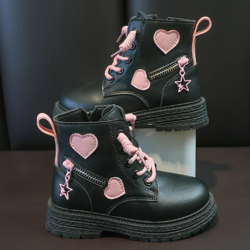 Girls Fashion Versatile Casual Korean Style Heart Decoration Kids Sweet Princess 2023 Spring and Autumn New Ankle Boots Non-slip