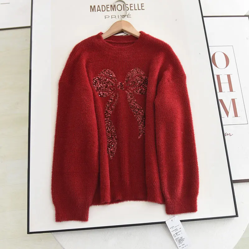 

Spring 2025 Red Knitted Sweater Heavy Embroidery Loose Overhead Soft Butterflies Knot Versatile Comfortable Women's Faion