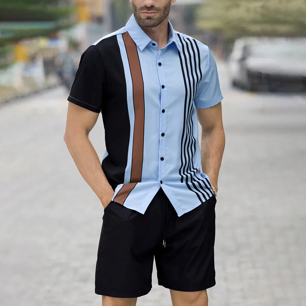 Striped Printed Shirt And Shorts Set Men\'s Elastic Waist Shorts 2 Piece Short Sleeve Button Down Shirt Vacation Beach Outfits