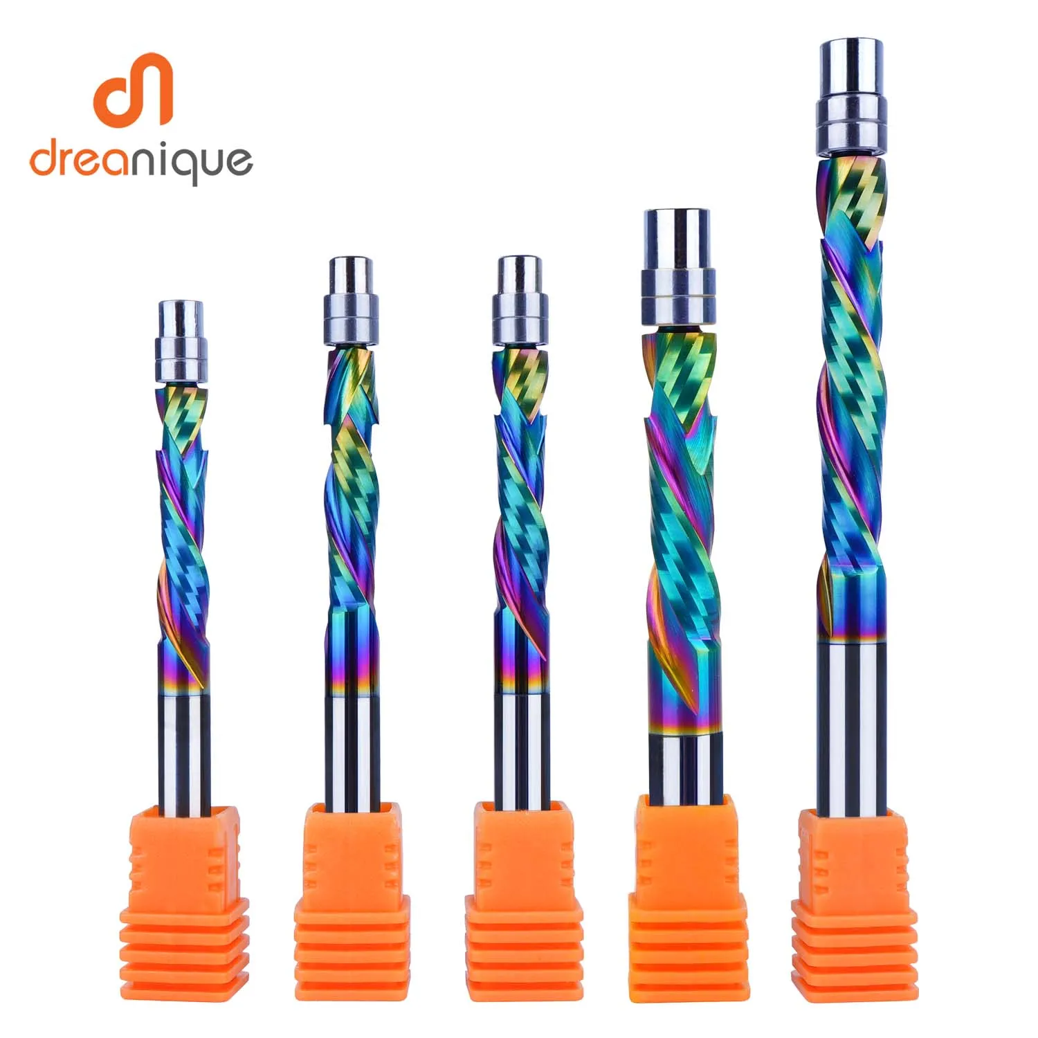 

Dreanique 1pc DLC Coating Solid Carbide Bearing Guided Milling Cutters 2 Flutes Spiral Flush Trim 8MM Shank Woodworking End Mill