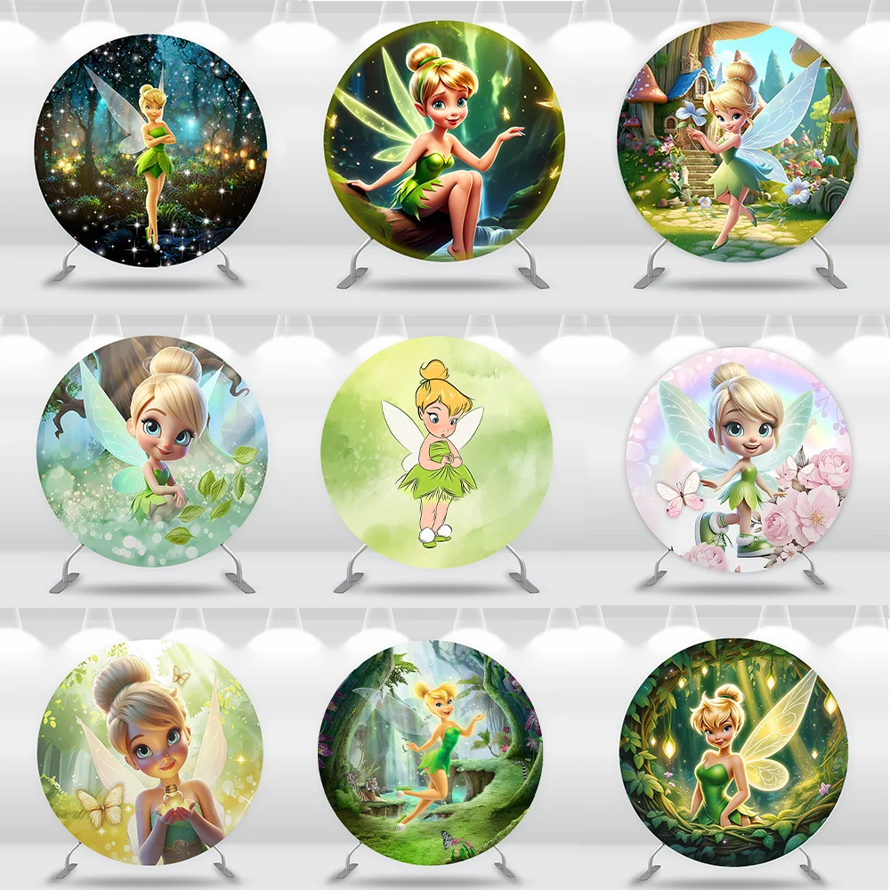 Décorations de fête fée clochette Disney, couverture d'arrière-plan ronde, princesse féerique, fournitures de fête d'anniversaire, bannière de réception-cadeau pour bébé, arrière-plan circulaire
