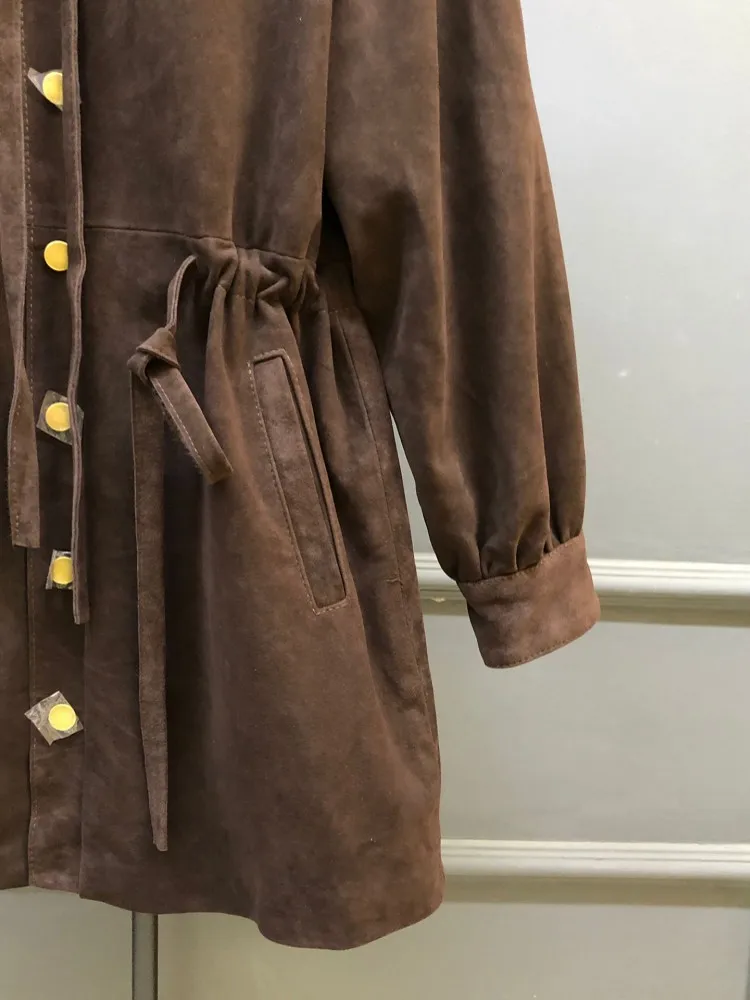 الخريف الشتاء المرأة طويلة سترة جلدية جلد الغزال الحقيقي قابل للتعديل الخصر واحدة الصدر لينة معطف جلد طبيعي خمر خندق جديد