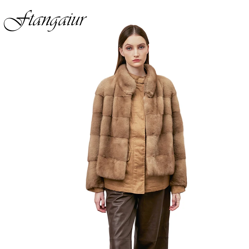 

Зимнее импортное пальто из норки Ftangaiur, бежевое, с воротником-стойкой, свободного кроя, короткое, из натурального меха норки, для женщин