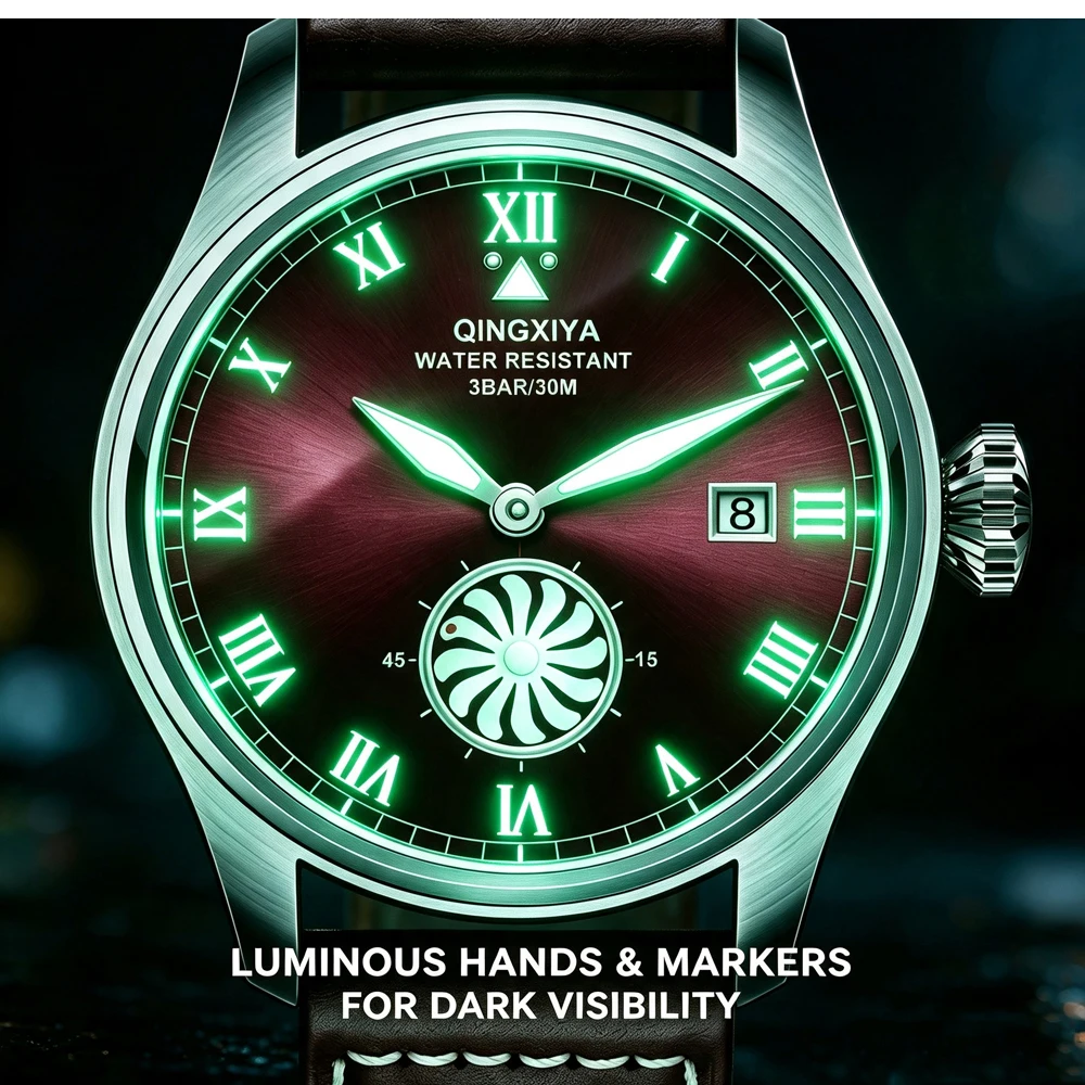 QINGXIYA Marken-Modeuhren für Herren, Turbinen-Sekundenanzeige, Quarzuhr für Männer, Hochwertige Leder-Armbanduhr, Wasserdicht, mit Datumsanzeige – Detail 4