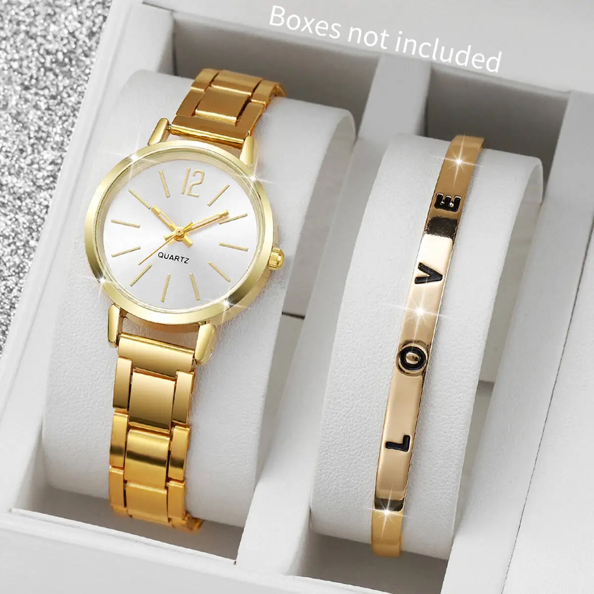 2PCS/Set Fashion Women's Watches Simple Analog Quartz Wristwatch LOVE Opening Cuff Bracelet Set Reloj Mujer（Without Box）
