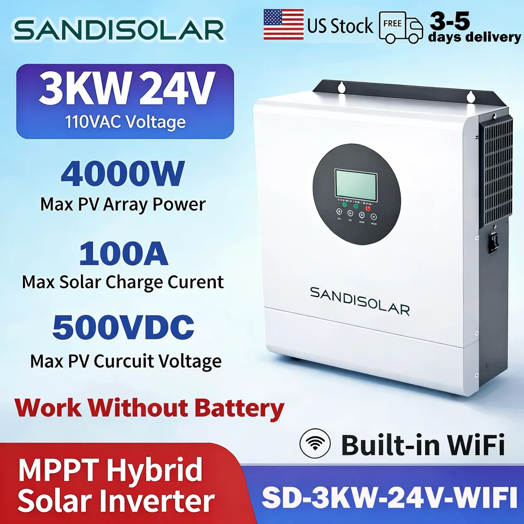 

SANDISOLAR 3000W 110V Off Grid Hybrid Inverter 24V 100A 4000W MPPT Solar Charger Pure Sine Wave Inverter Built in Wifi US Stock
