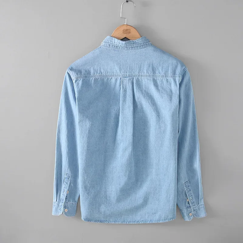 Printemps automne hommes à manches longues Denim chemise décontracté chemises amples carré pur coton Cowboy hauts japonais rétro lavé Jean chemises