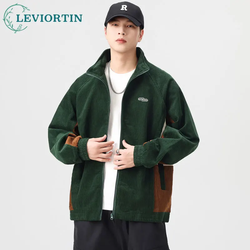 Japanese retro trend versatile men's jacket with thick corduroy splicing embroidery design, loose casual stand up collar jacket