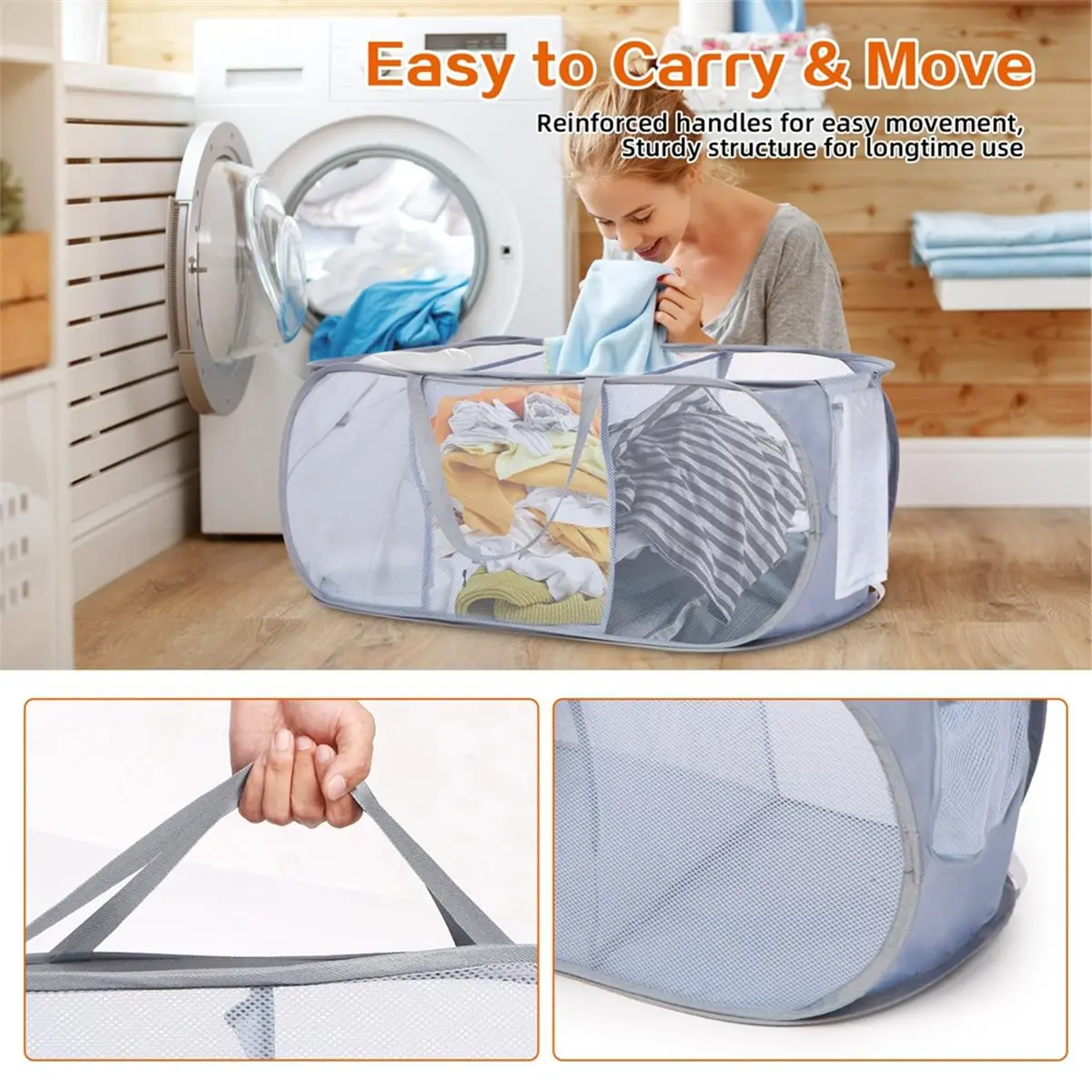 Time Saving Mesh Laundry Hamper Basket, 3 Compartments Laundry Basket, Foldable Up Laundry Hamper with Side Pocket for Laundry R