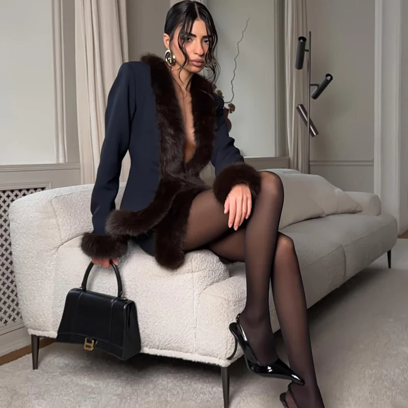 Tornova Women's Retro Fur Splice 2-Piece Skirt & Top Set