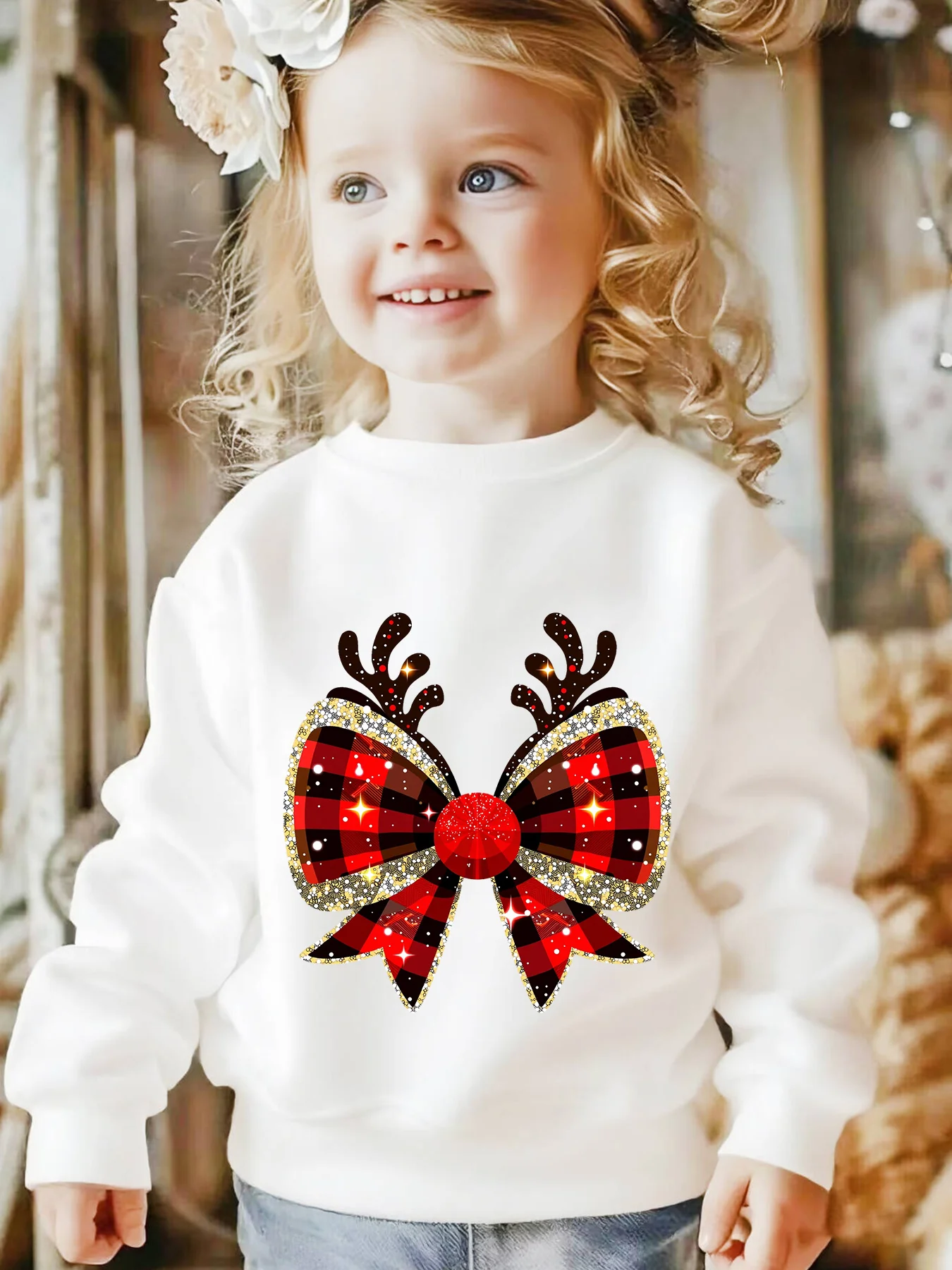 Boys' and girls' winter Christmas reindeer red bow print sweatshirt, trendy and popular round neck hoodless pullover