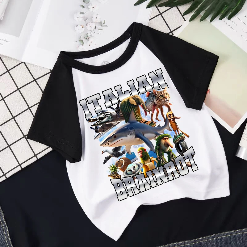 

Italian Brainrot Kid Cotton T-shirt Tung Tung Tung Sahur Tralalero Tralala Tee for Boy Girl Funny Meme Children Short Sleeve Top