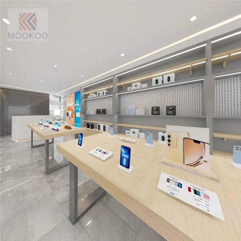 custom.Fashion Style Modern Custom High End Computer Store Table Laptop Showroom Design Phone Mobile Shop Decoration