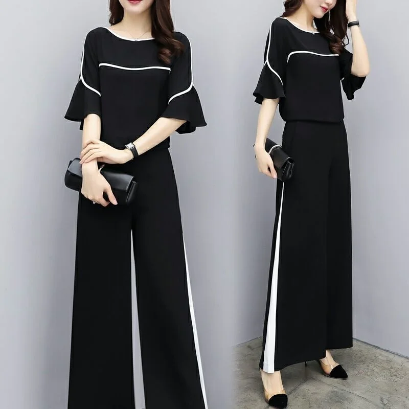 

Women' Casual Suit Spring Summer 2023 New Korean Style Fashion Horn Sleeve T-shirt Tops Wide Leg Pants 2 Two Piece Set For Women