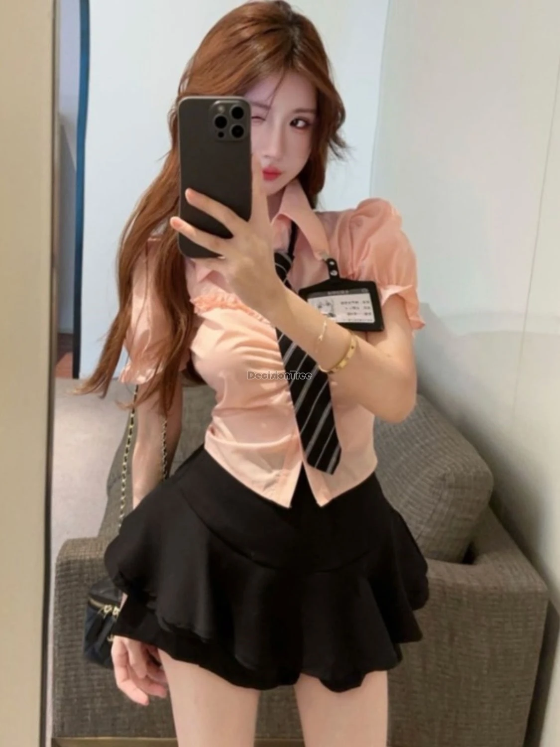 2025, koreanisches rosa Hemd mit Puffärmeln im japanischen Stil, kurzes Oberteil mit geraffter Taille, hoch taillierter Puffrock, JK-Set im Schuluniform-Stil