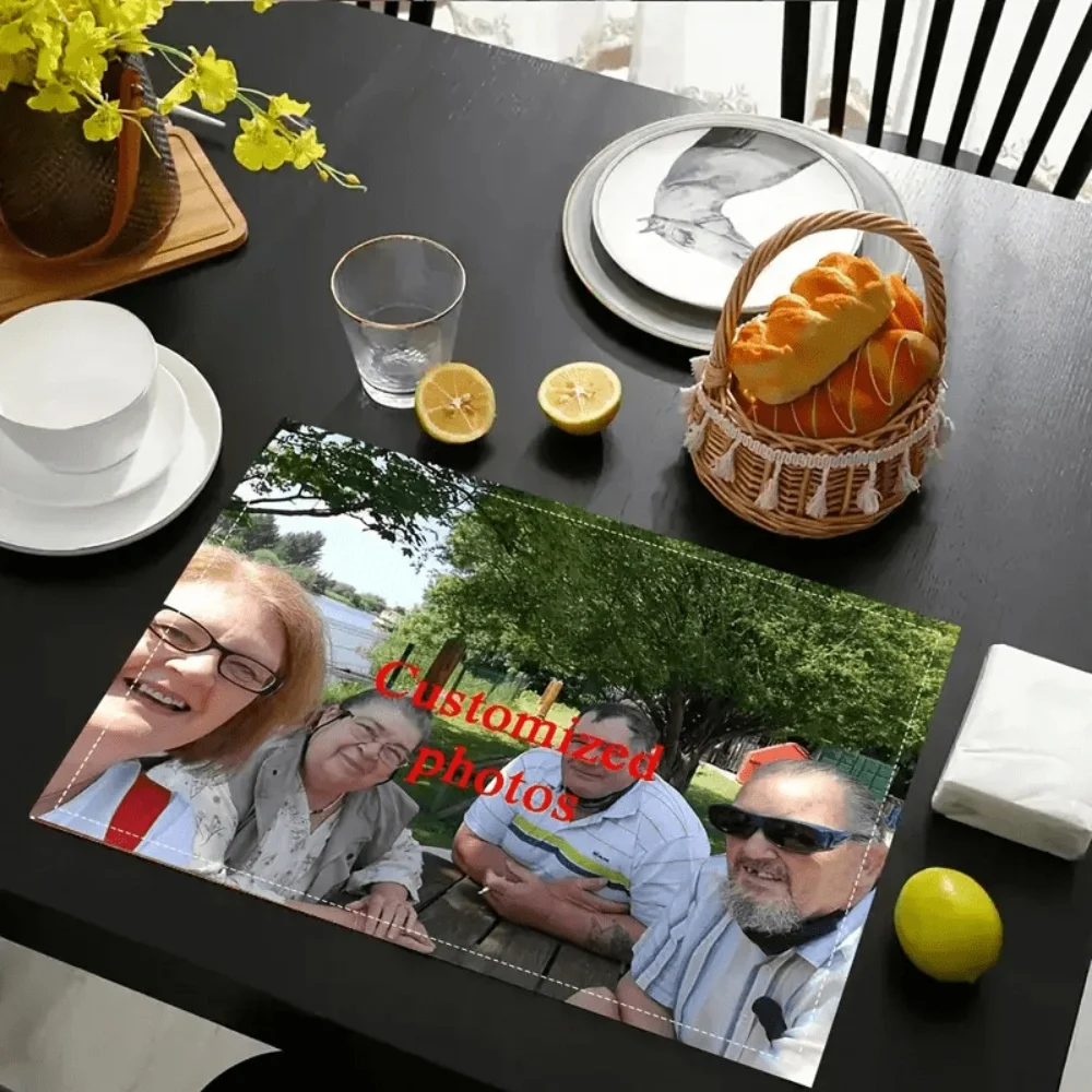 Customized Photo Linen Look Placemat Set 4/6Pcs Washable Heat Resistant Durable Personalized Table Mats 12x18In Gift for Family