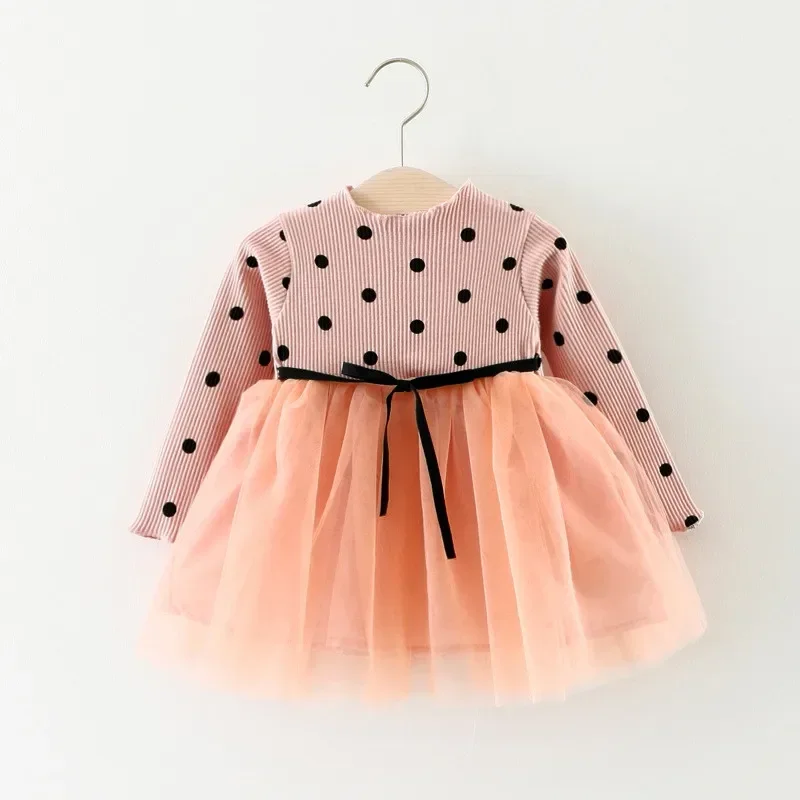 Abiti da bambina Nero Bianco Rosa Maglia Casual Bambina da bambino Stampa a pois Abito a maniche lunghe Abiti da principessa per bambini