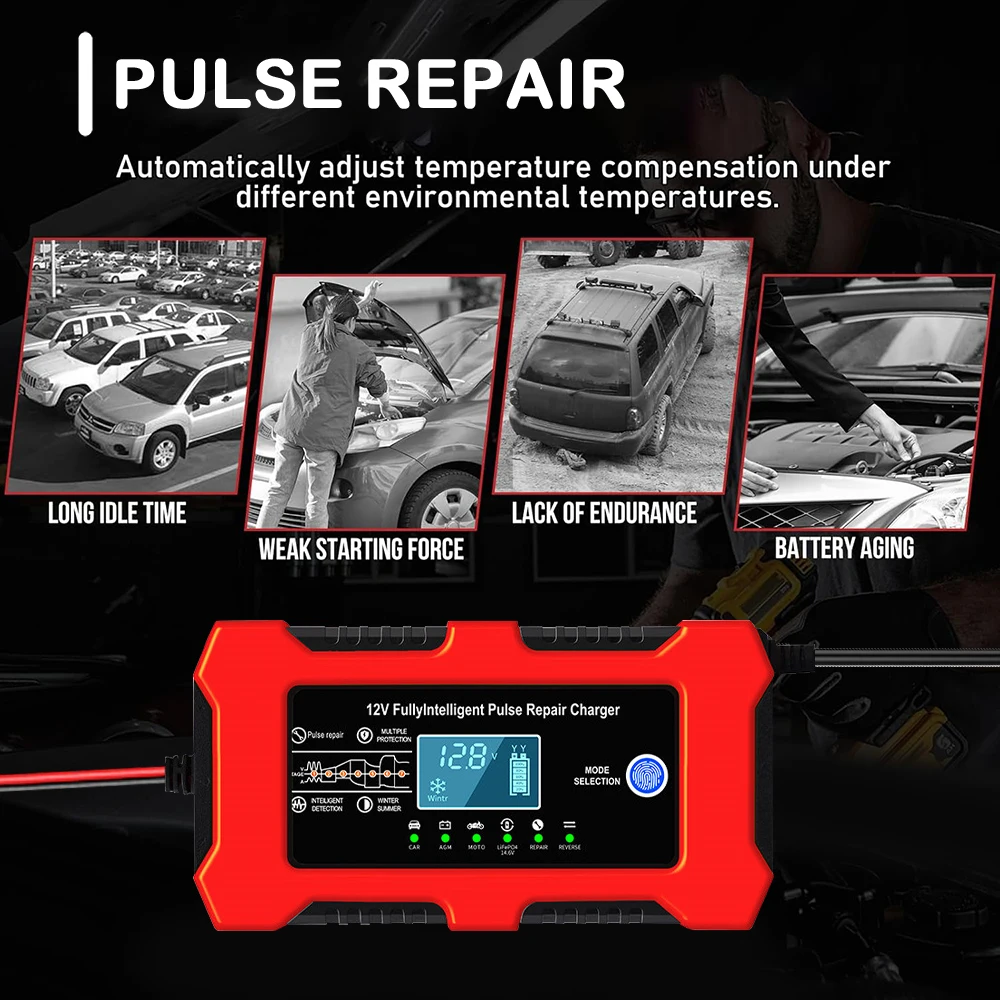 Auto-Batterieladegerät 12V 10A Intelligentes Pulsreparatur-Ladegerät mit LCD-Anzeige für Auto- und Motorradbatterien – Detail 3