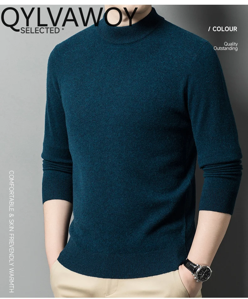 QYLVAWOY 100% Cashmere Men Clothes Pullovers Thickened Sweater Mock Neck Business Casual Solid Color Pullover Underwear 2024