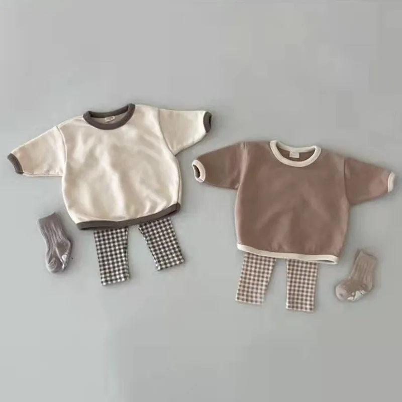 

2023New Baby Boys Solid Cute Casual Long Sleeve Top Cotton Infant Toddler Girls Plaid Fashion Pant 2pc Set Children Pajamas