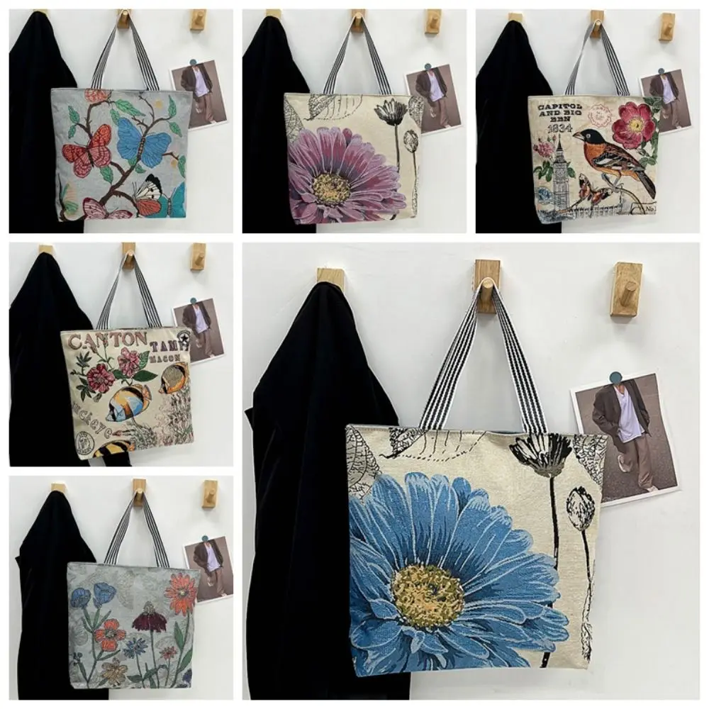 Retro Embroidery Canvas Tote Bag Cute Cartoon Butterfly Flower Shoulder Bag Ethnic Style Handbag Shopping Bag Mommy Bag