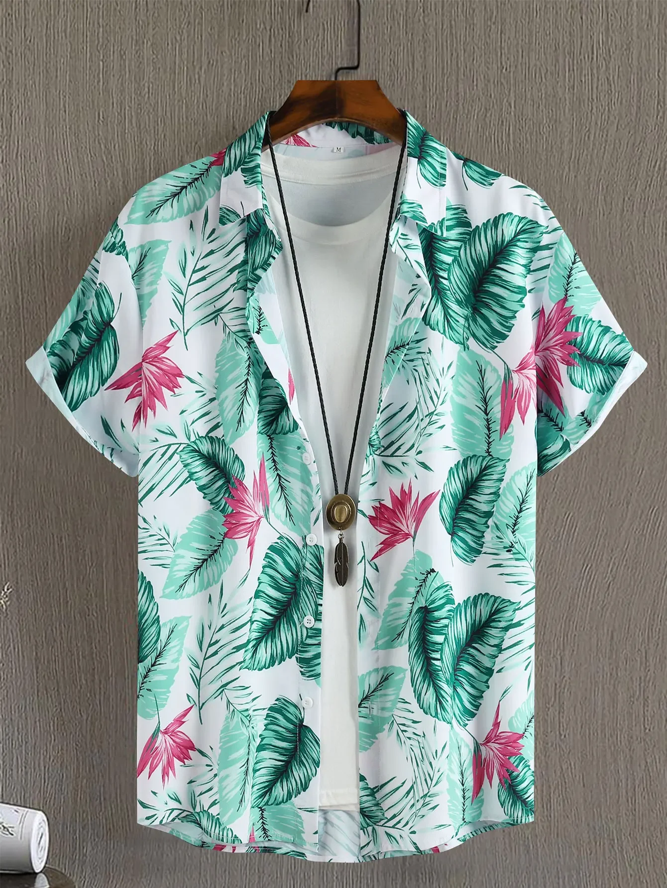 

Leaf Pattern Hawaiian Shirt, Men's Casual Button Up Short Sleeve Shirt For Summer Beach Vacation Resort