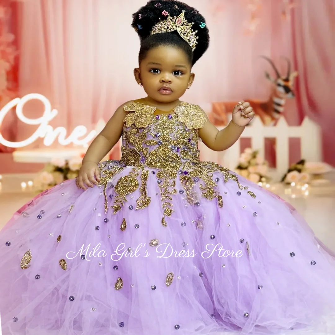 Flower Girl Dress Lavender Tulle Gold Applique Princess Banquet Little Girls Birthday Party Evening Customise Dresses Ball Gown