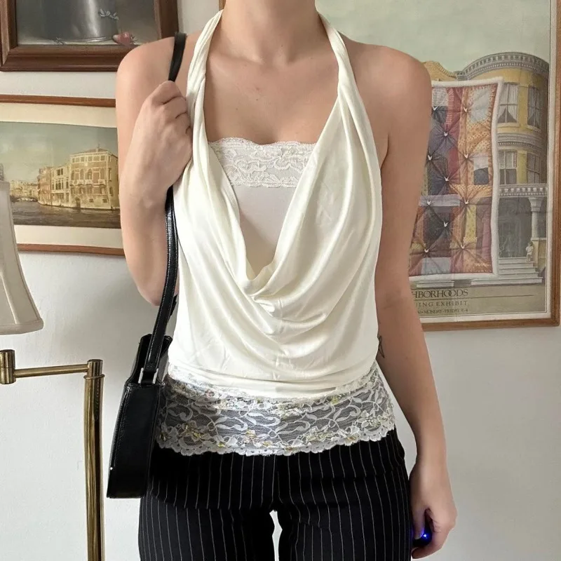 

Tuularose White Lace Vest Fashion Shrink Patchwork Sleeveless Neck Tops Summer Streetwear Party Y2k New Elegant Tops Women Camis