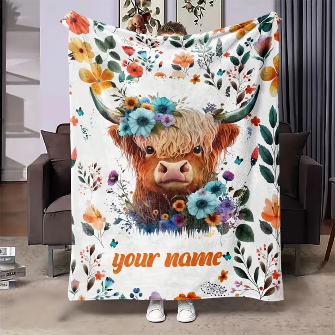 Personalized Highland Cow Floral Print Flannel Blanket | Custom Name, Soft All-Season Home Decor Throw, Unique Gift Idea