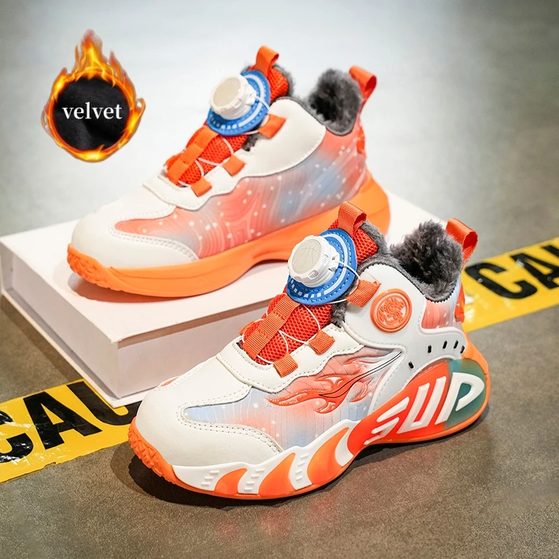 

Winter Plush Children's Sports Shoes Rotary Buckle Platform Basketball Shoes For Boys Girls Orange Non-slip Casual Kids Sneakers