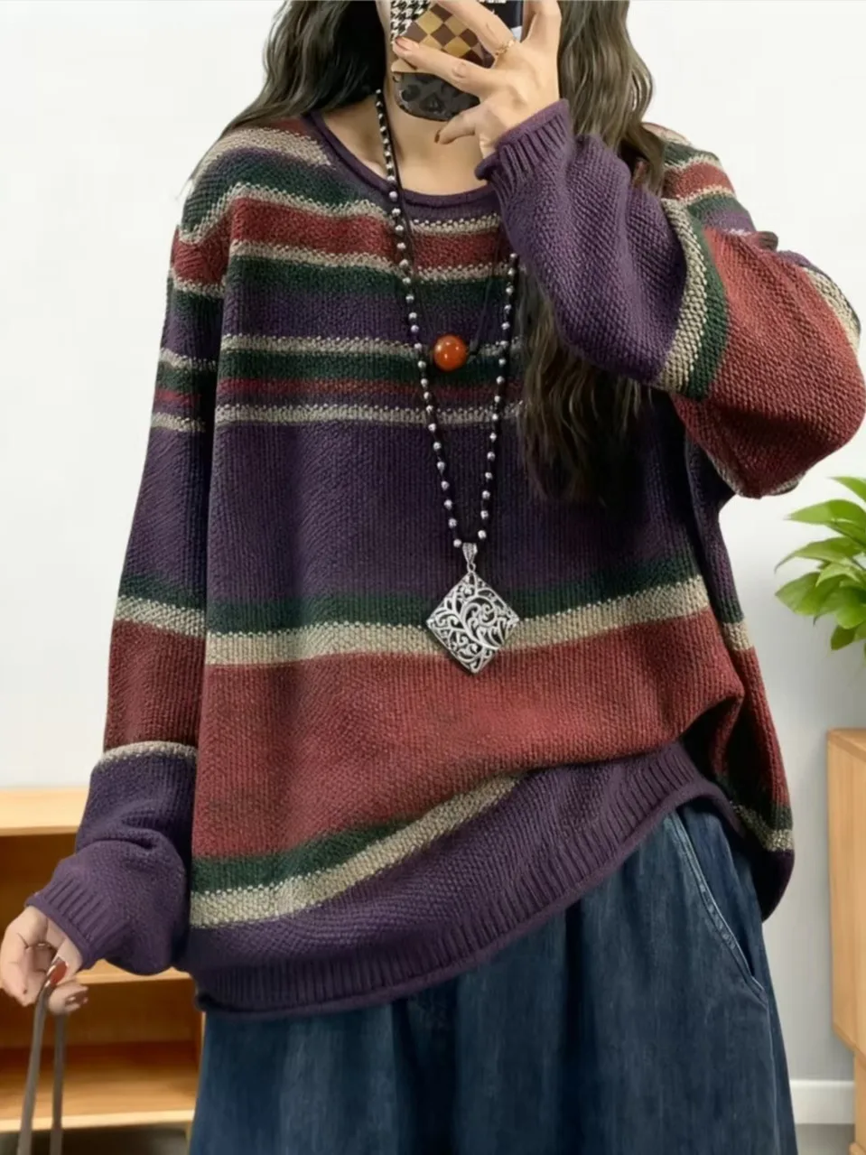 Loose Fit round Ne Long Sve Knitted Sweater Casual Sle Striped Pattern Women's Faionable Autumn New Arrival Top