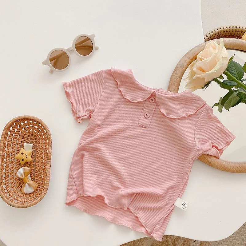 2026 Summer Kids T-Shirt Girls Lotus Leaf Collar Short Sleeve Tops Children Clothes Baby Thin Tees 1 2 3 4 5 6 Years