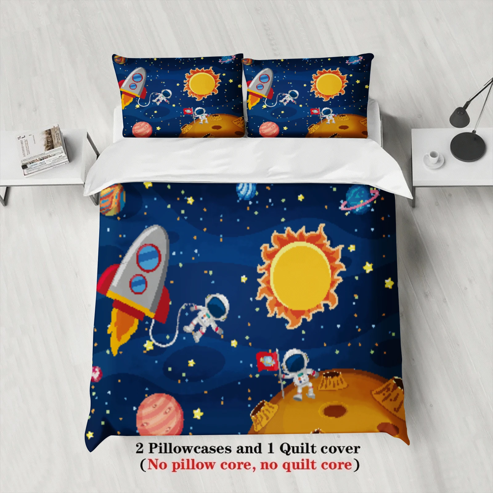 3pcs Space Theme Bedding Sets Dormitory For Students Teen 3D Printed Rocket And Sun Duvet Cover Sets With Pillowcases No Filling