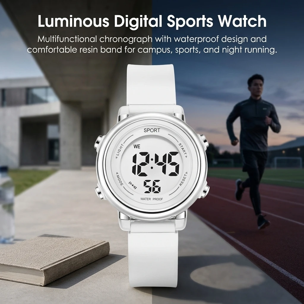 Luminous Digital Sports Watch Multifunctional Chronograph Stopwatch Waterproof Resin Band Watch for Students Outdoor Running