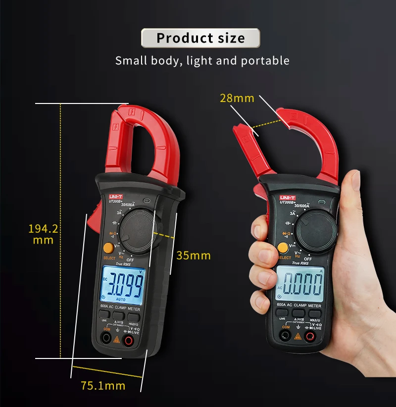 متر المشبك الحالي الرقمي UNI-T ، UT200A + UT200B + AC ، الفولتميتر ، مقياس التيار الكهربائي ، كماشة ، مقياس الأمبير المشبك المتعدد ، اختبار كهربائي