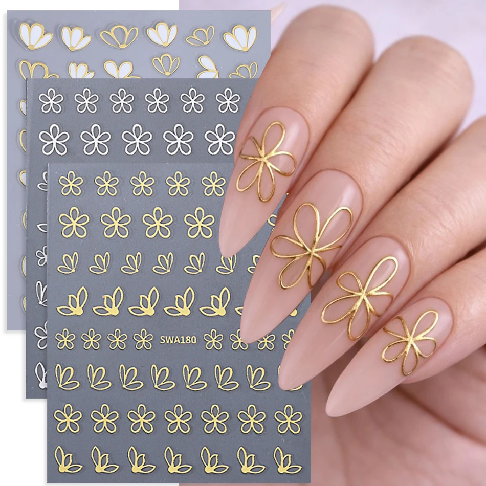 3pcs Bronzing Flower Nail Stickers Gold Silver Hollow Petals Line Simple Design Self Adhesive Nail Decals Elegant Manicure Decor