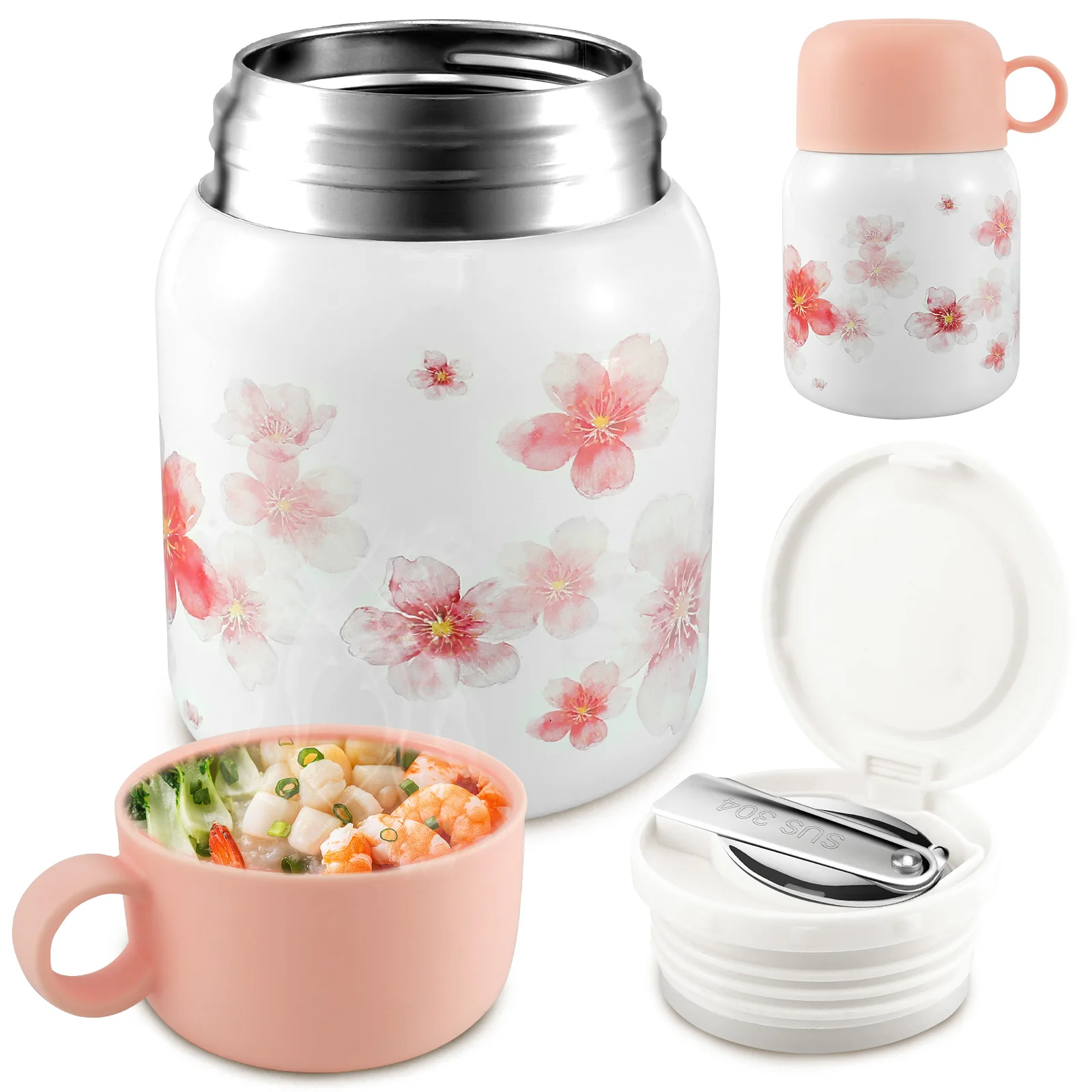 Insulated Food Jar with Foldable Spoon 500ml/17oz Insulated Soup Cup 316 Stainless Steel Vacuum Insulated Food Jar Leakproof