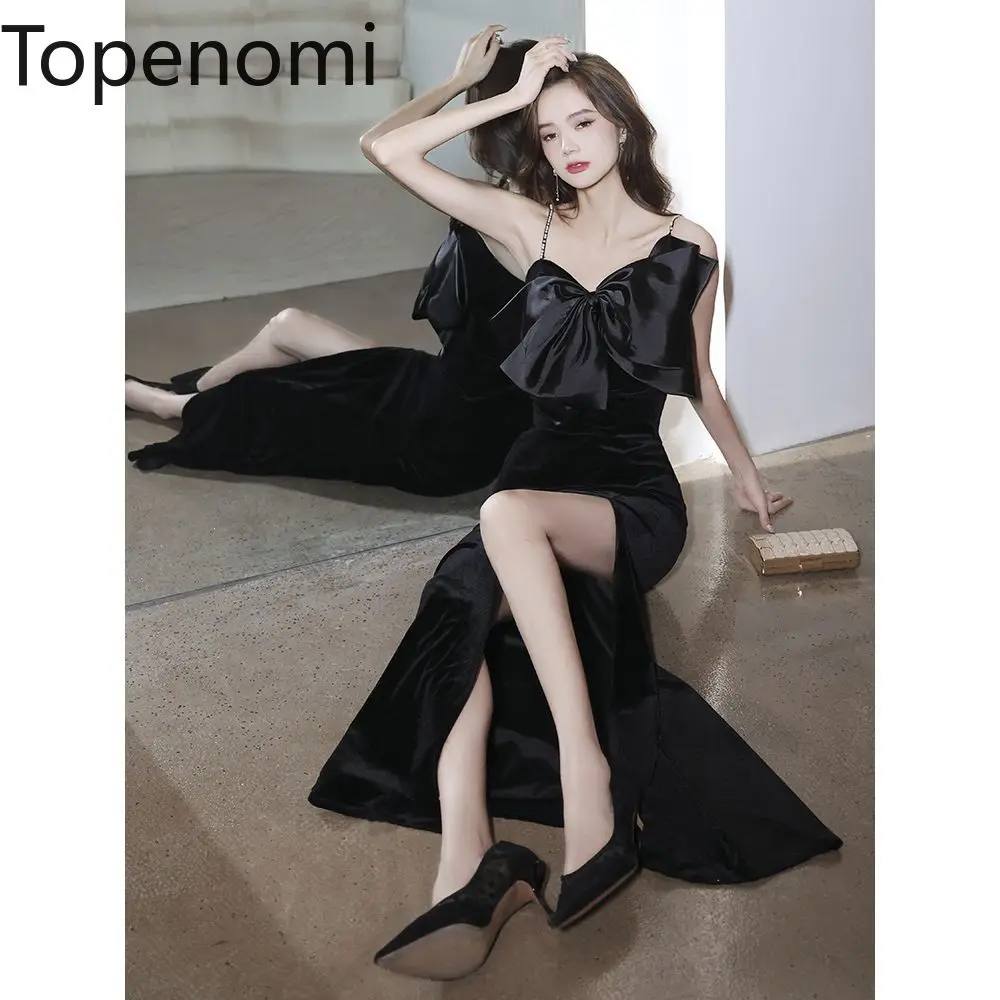 

Topenomi Black Spaghetti Strap Bow Evening Dresses Women 2024 New Temperament Slim Split Long Quinceanera Formal Dress Summer