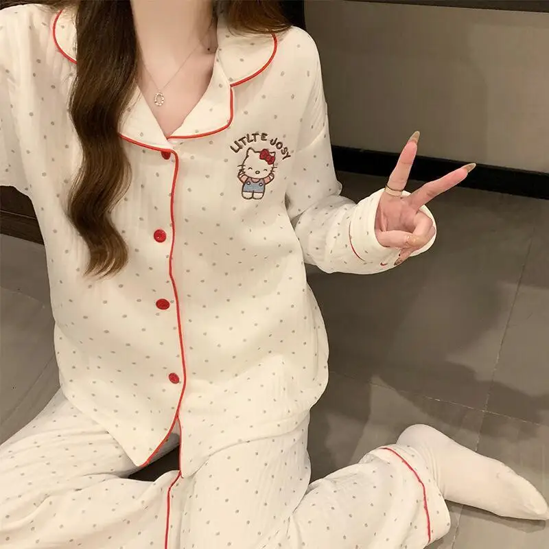 

2025 Новый милый мягкий комфортный пижамный комплект в горошек для осени и зимы, женские теплые кардиганы, брюки с длинными рукавами, домашний комплект одежды