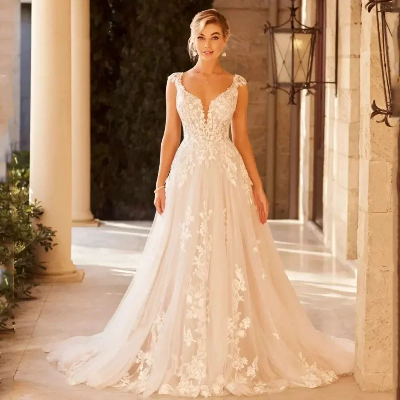 

Flavinke Elegant Sweetheart Wedding Dresses For Women 2024 A-Line Open Back Lace Applique Tulle Bridal Gown Vestidos De Novia