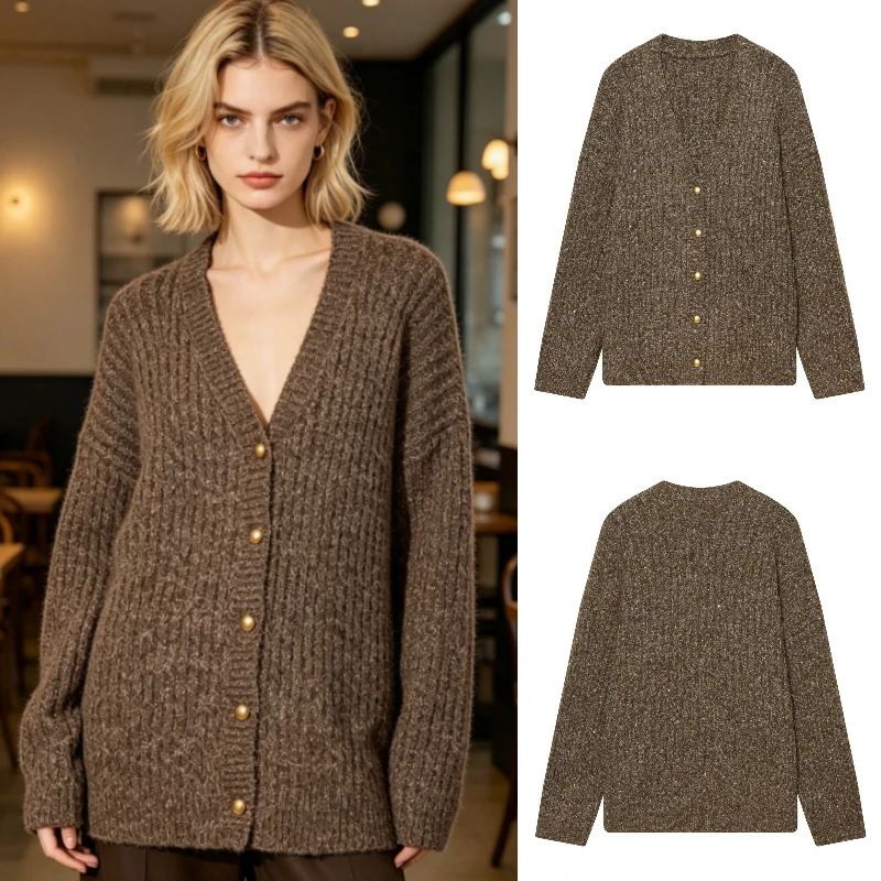 Women's Metal Button Knit Cardigan 2026 Autumn Winter New Fashion Long Sleeve Single Breasted Street Style Sweater