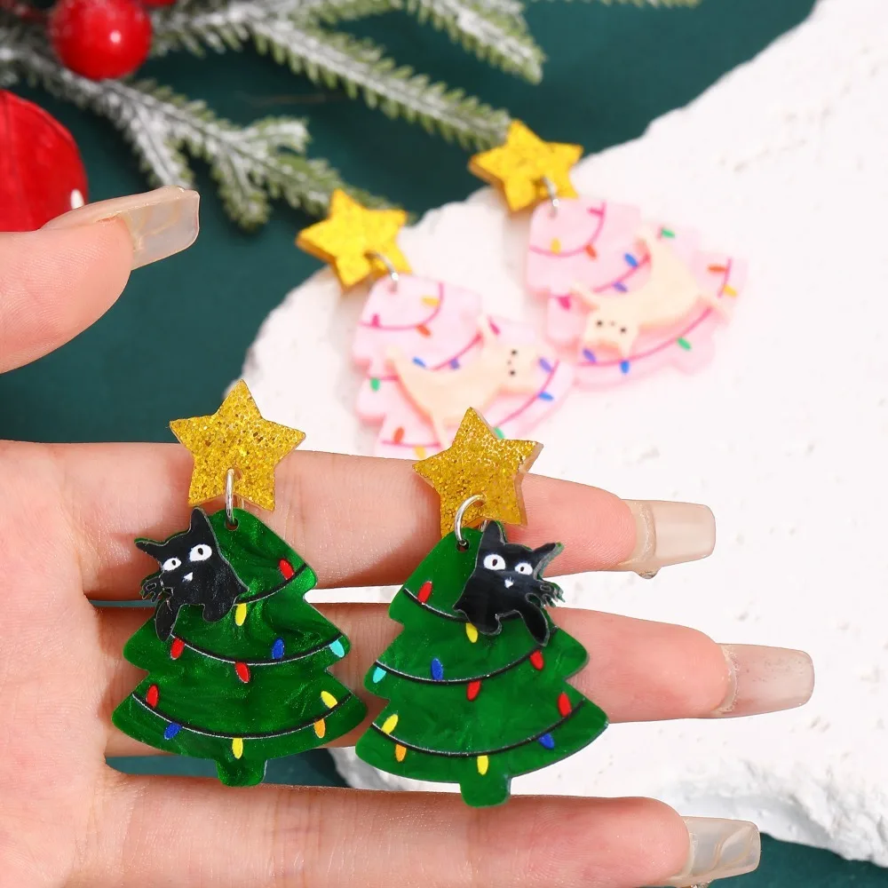 Sweet Acrylic Material Cat Earrings Cute Shape Cartoon Style Christmas Earrings Vivid Print Tree Earrings Women Wear
