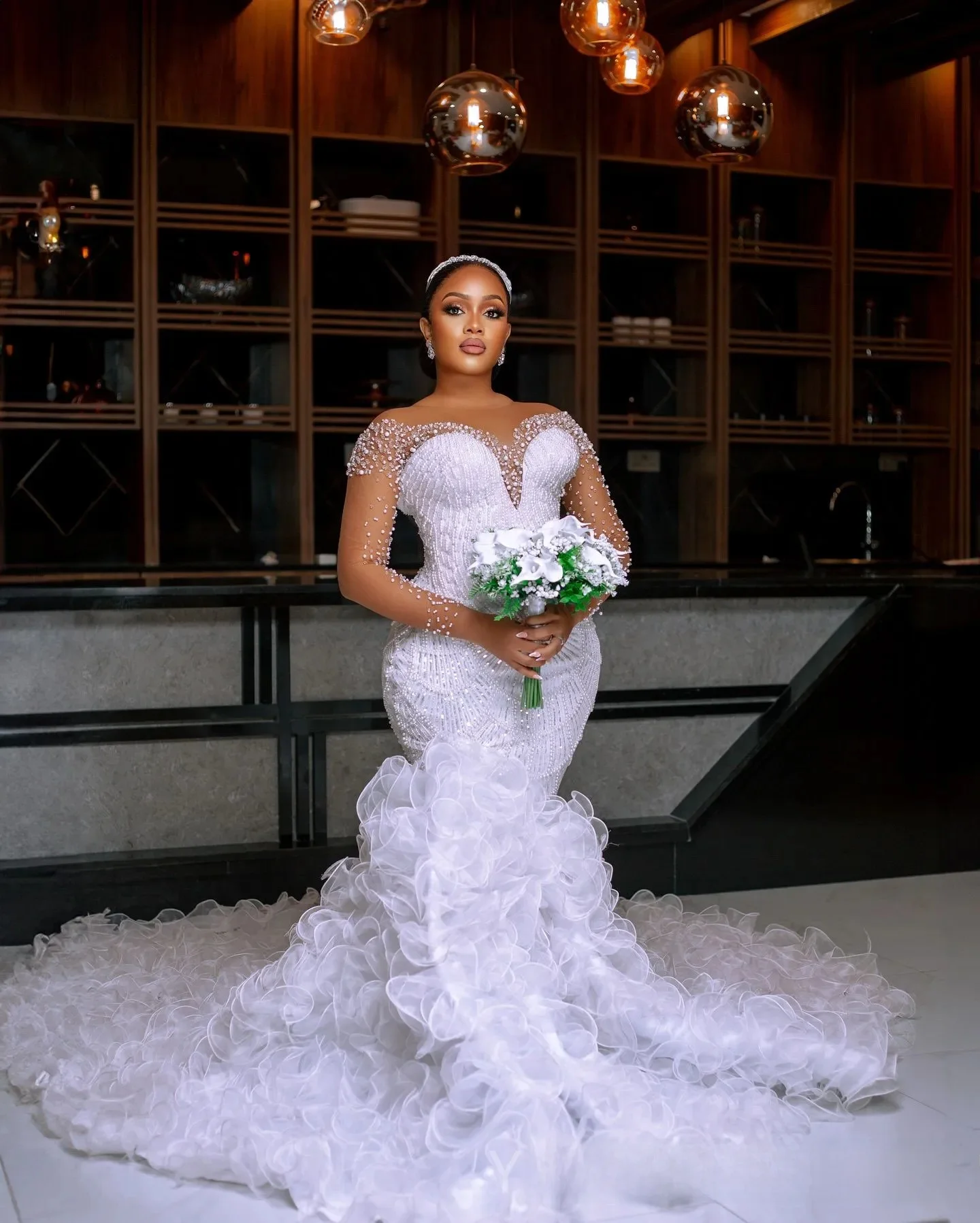 Customized Plus Size Wedding Dress Bride Mermaid Wedding Gowns Detachable Train Illusion Sheer Neck Long Sleeves Pearls Dresses