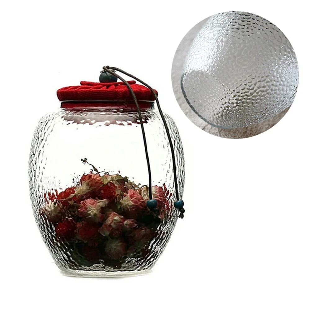 

Glass Tea Jar Red Cloth Cover Airtight Food Storage Container For Coffee Beans Dried Fruit Sugar Salt Candy Moisture Proof